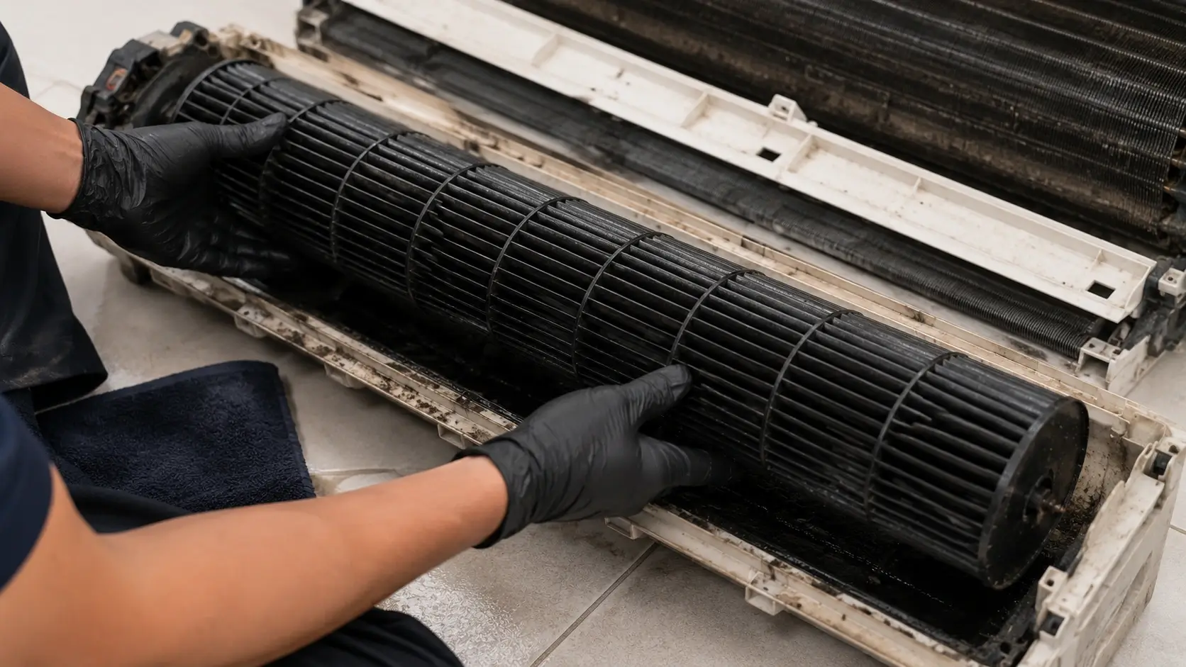 Aircon technician dismantling an indoor fan coil for chemical overhaul in Singapore