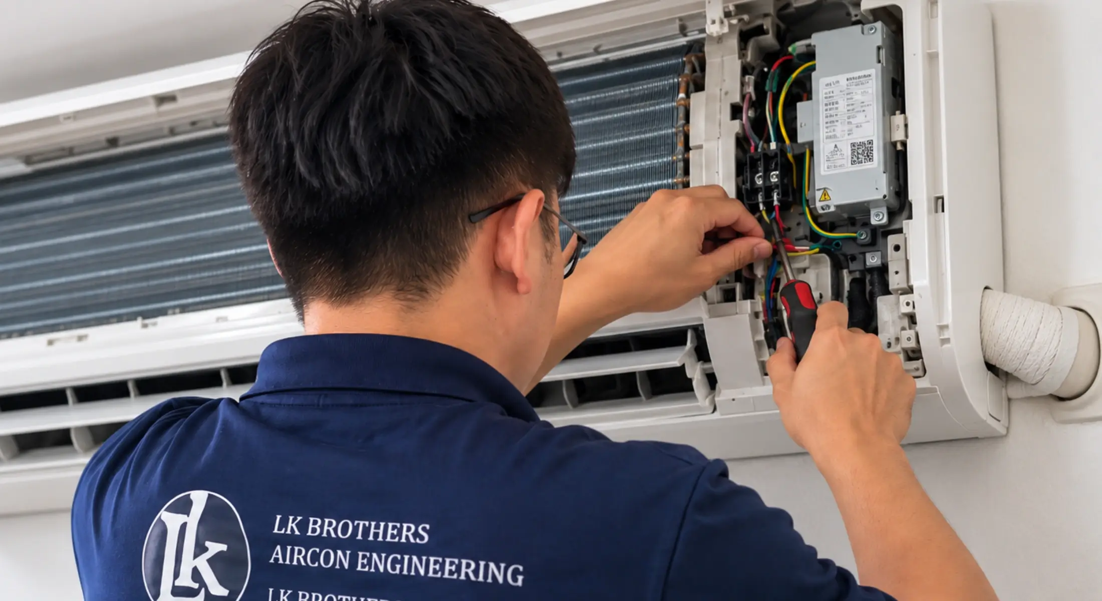 Aircon technician inspecting a unit before confirming repair quotation in Singapore
