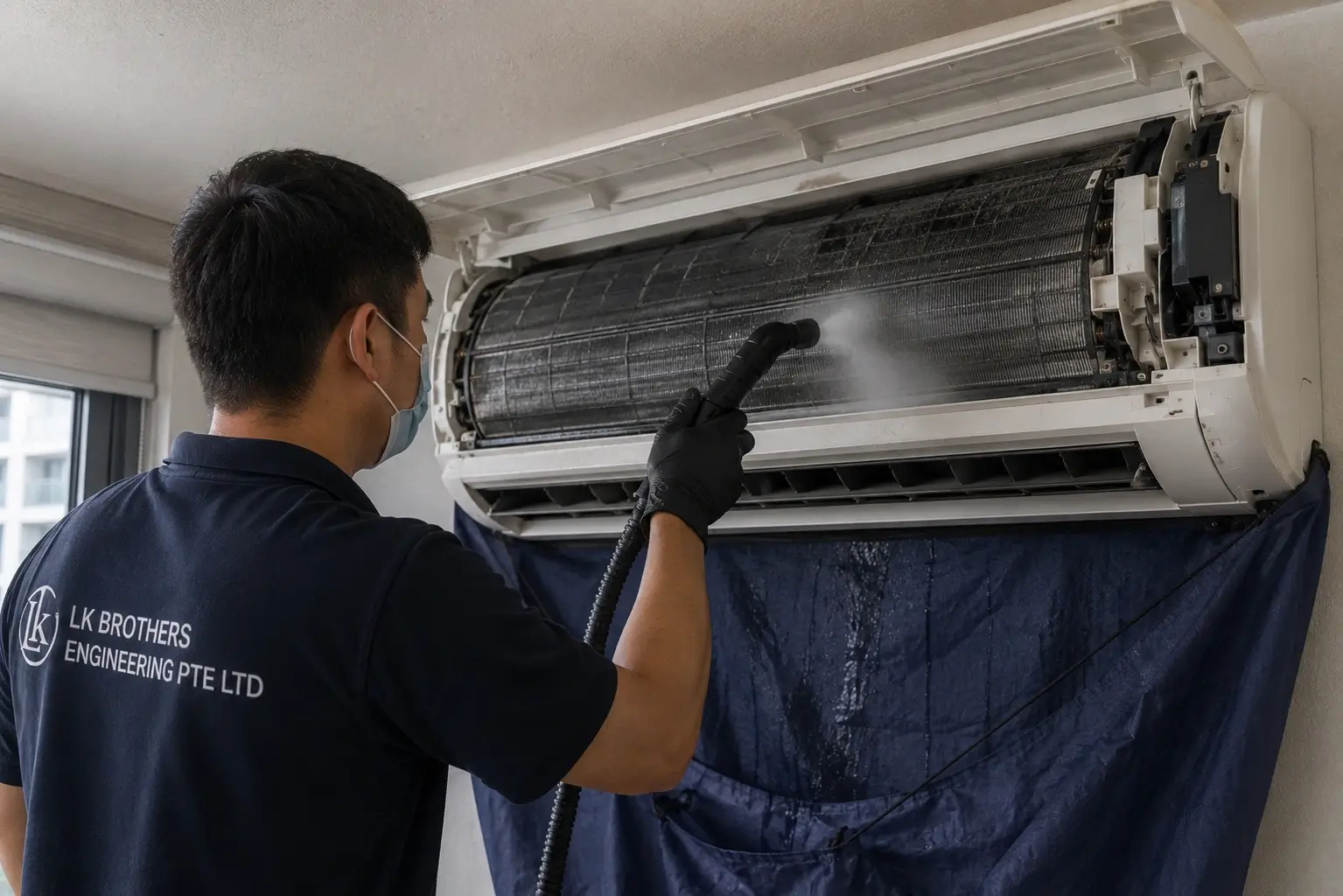 Technician comparing general aircon servicing, chemical wash and chemical overhaul services in Singapore