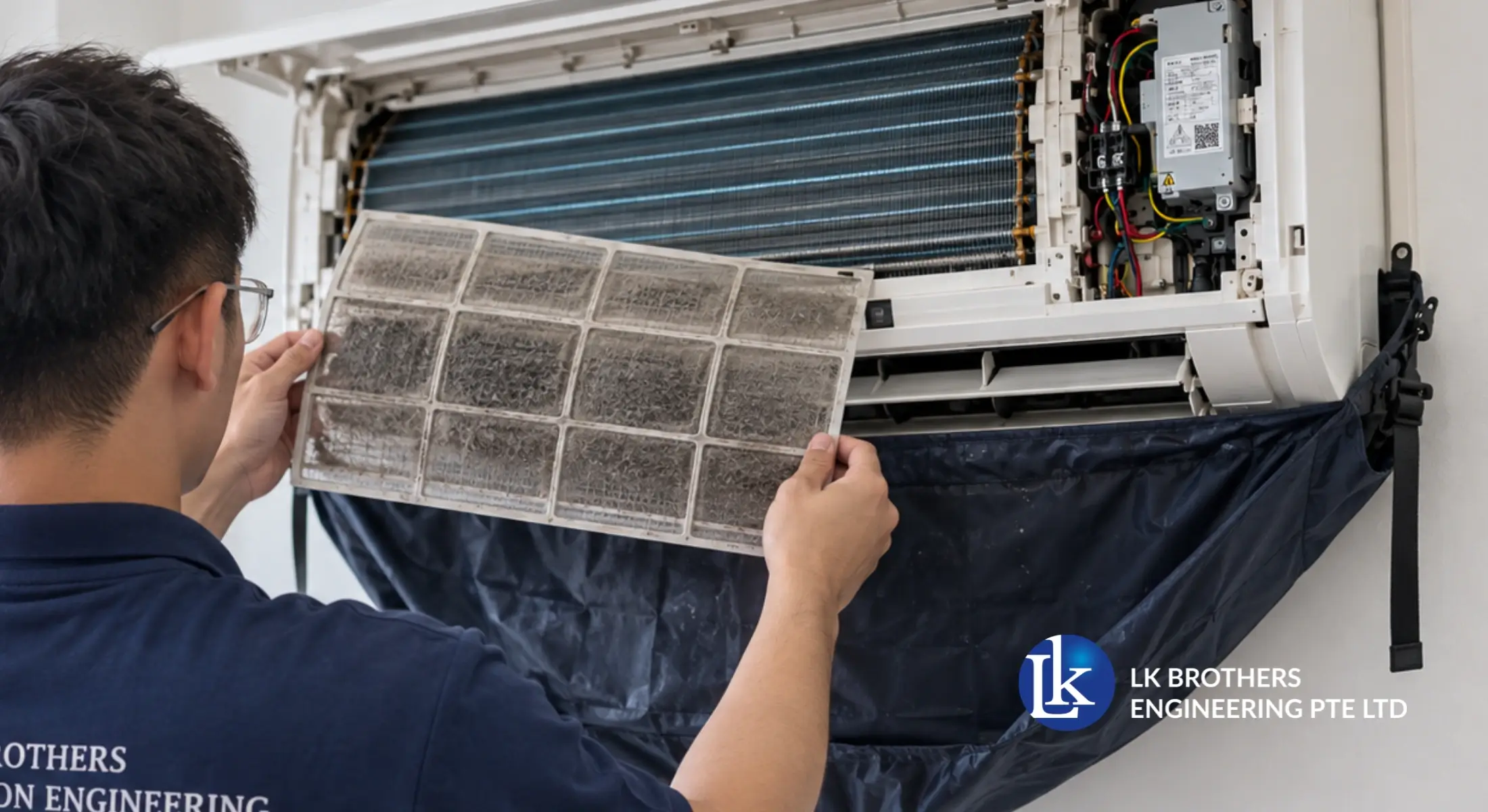 Technician following an aircon servicing checklist in a Singapore home