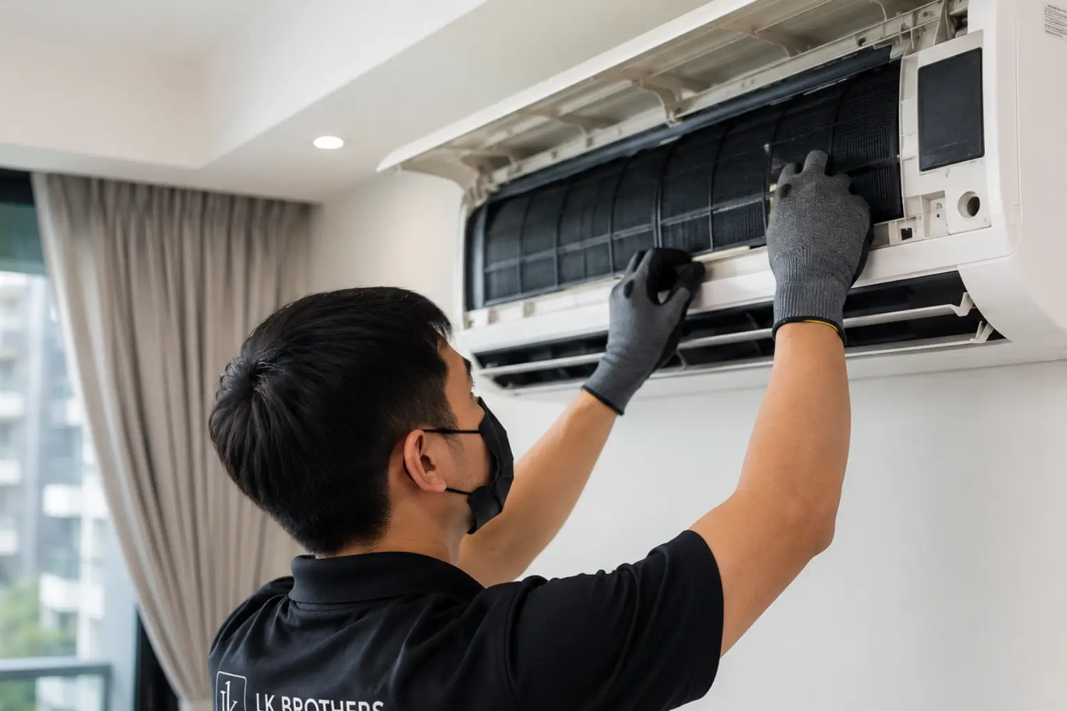 Technician inspecting filters and airflow during aircon servicing in Woodlands