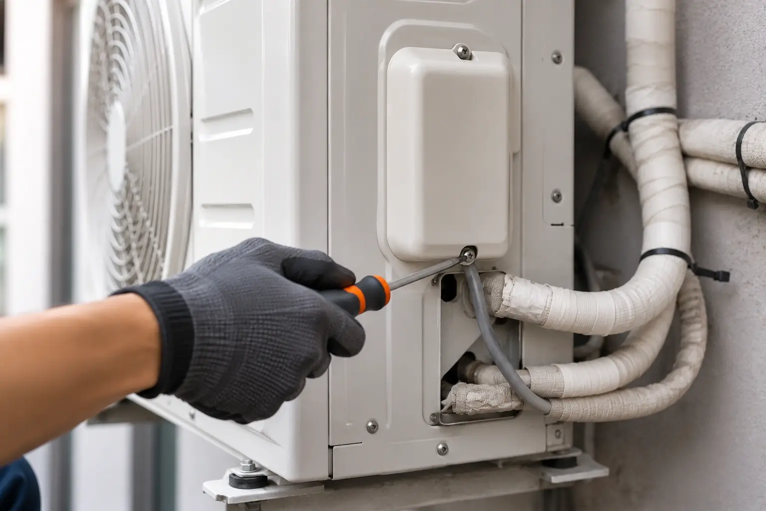 Aircon technician carrying out repair and troubleshooting for a Woodlands property