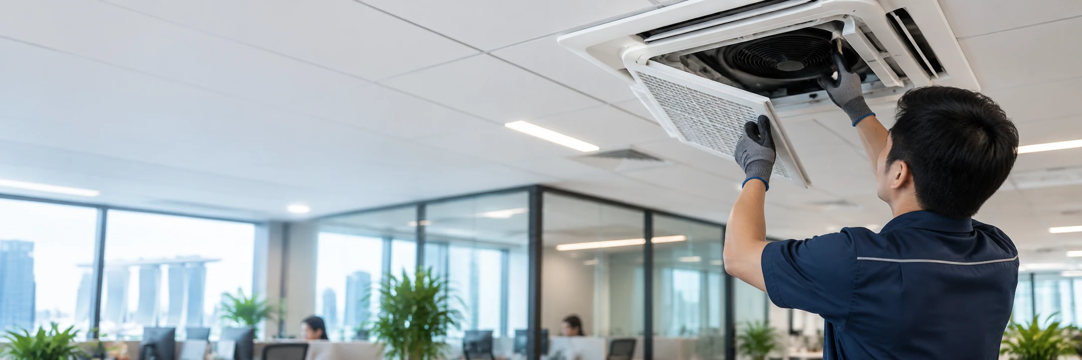 Commercial ceiling cassette aircon servicing in Pioneer
