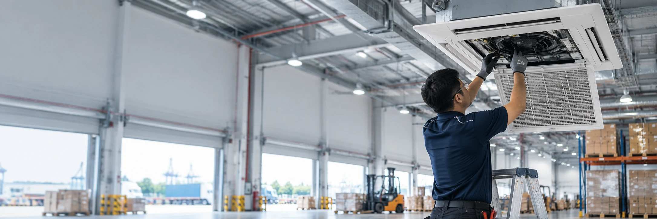 Industrial aircon servicing in Tuas warehouse setting