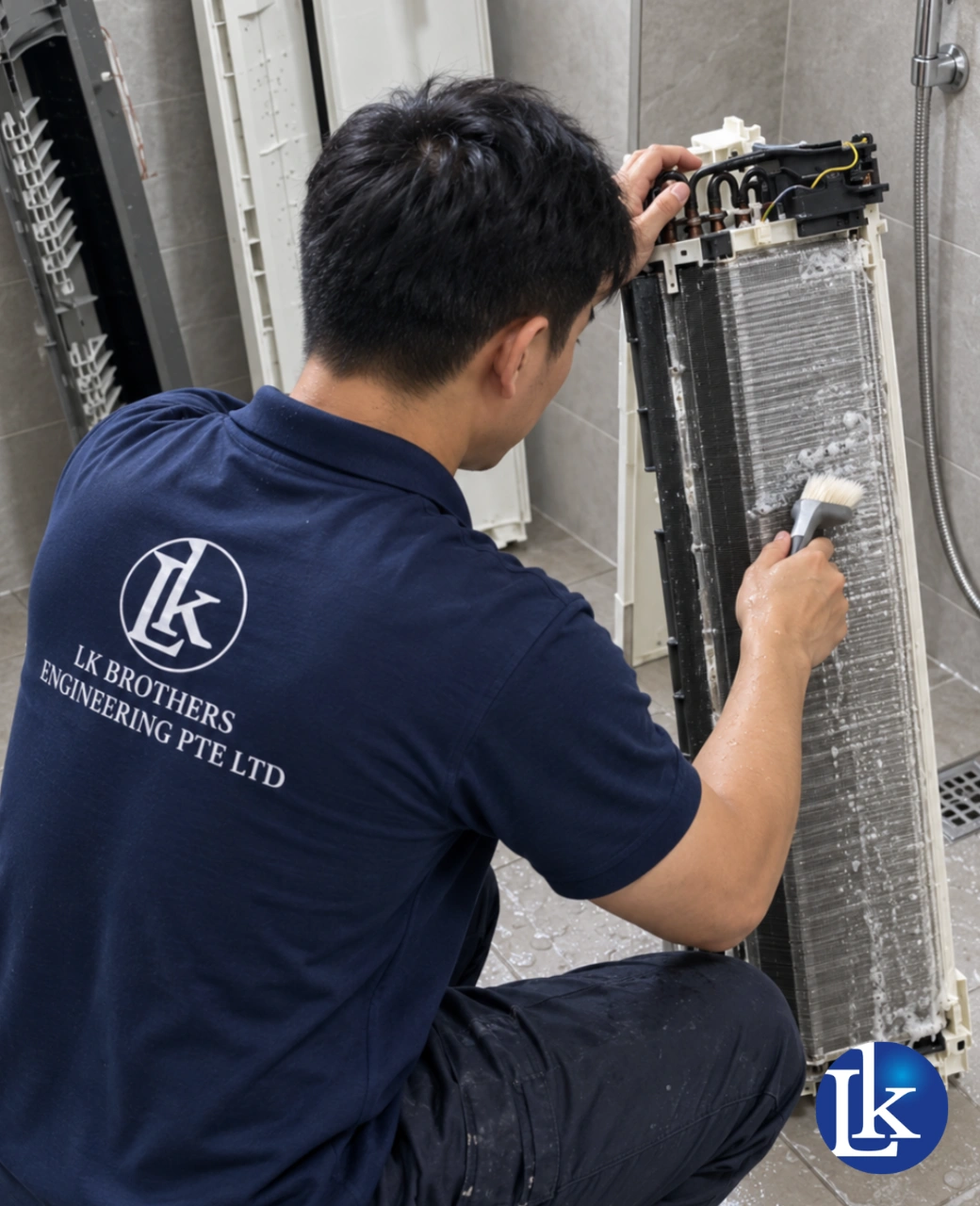 Aircon dismantled for chemical servicing in Singapore